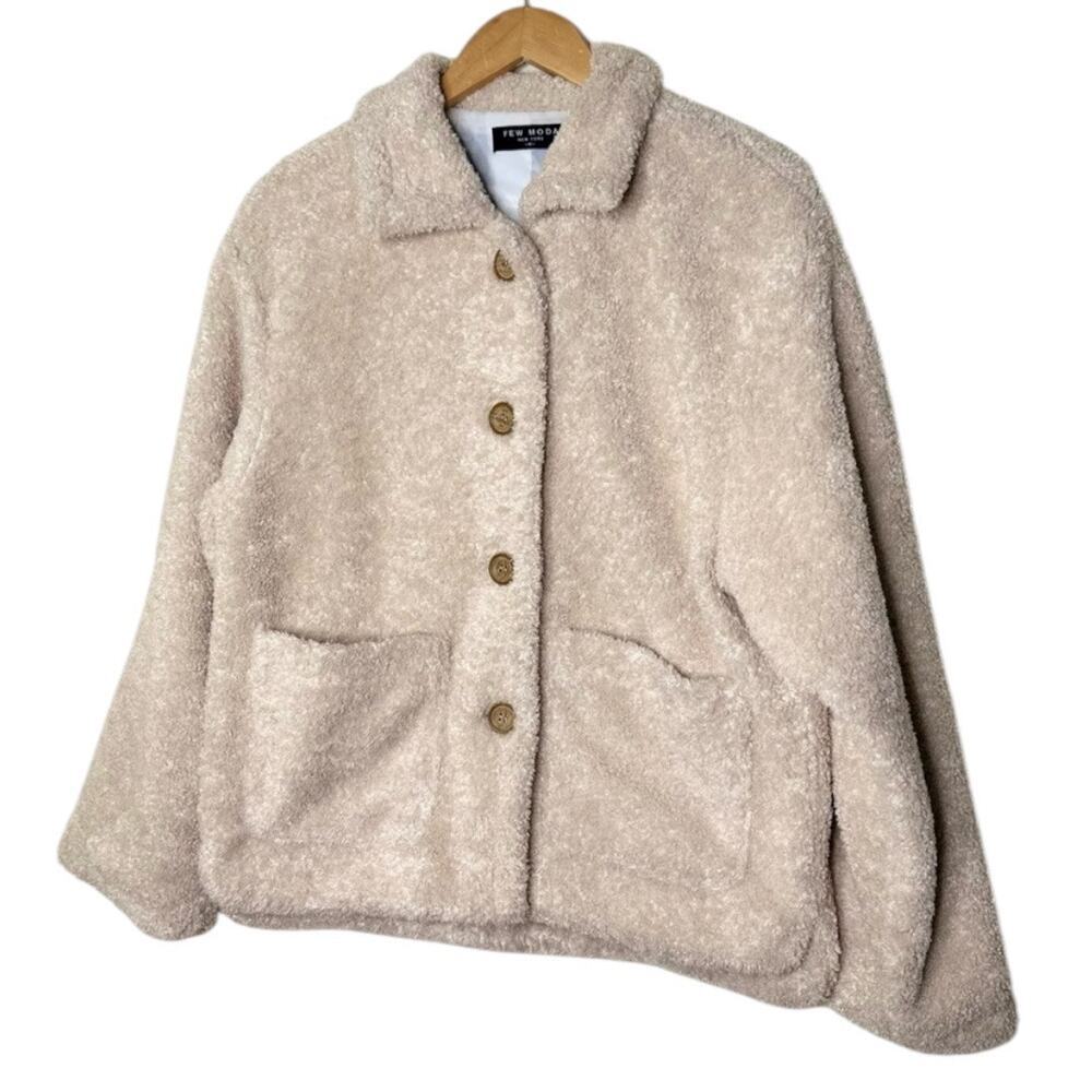 FEW MODA New York Teddy Jacket Medium beige Fuzzy coat large buttons collared - Picture 3 of 8